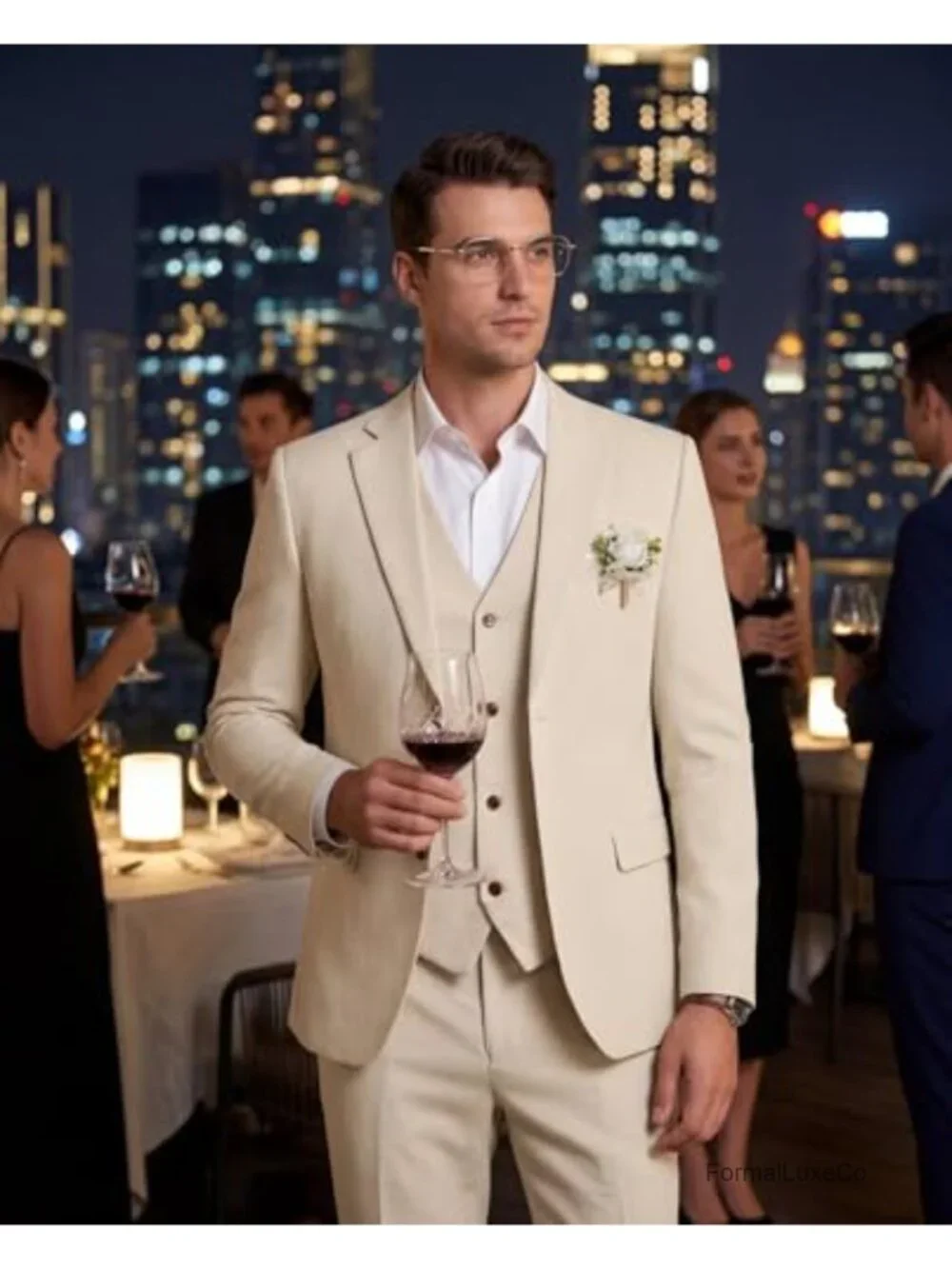 Men's 3-Piece Slim Fit Linen Suit Set Wedding Beach Blazer Vest Pants